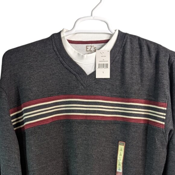 EZ'S HAGGAR Multi Color Stripe Rib Knit V-Neck Long Sleeve Shirt Gray Large - Picture 3 of 14